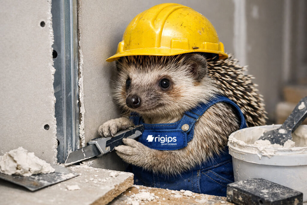 Ježko pri práci s rigips
